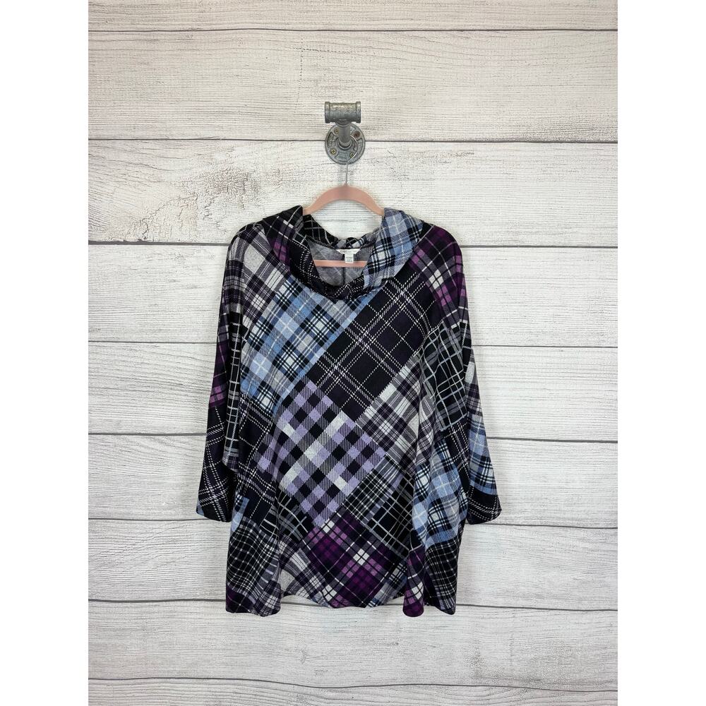 Cato Plus Size Purple Black Plaid Cowl Neck Tunic Blouse Size 26/28W